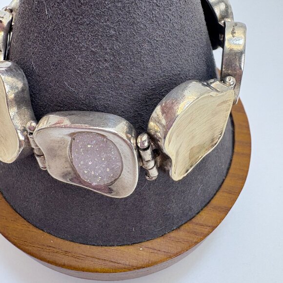 VTG Two Tone Sterling Silver 925 Slab Druzy Abstract Chain Bracelet 7.5" Length - Picture 2 of 16